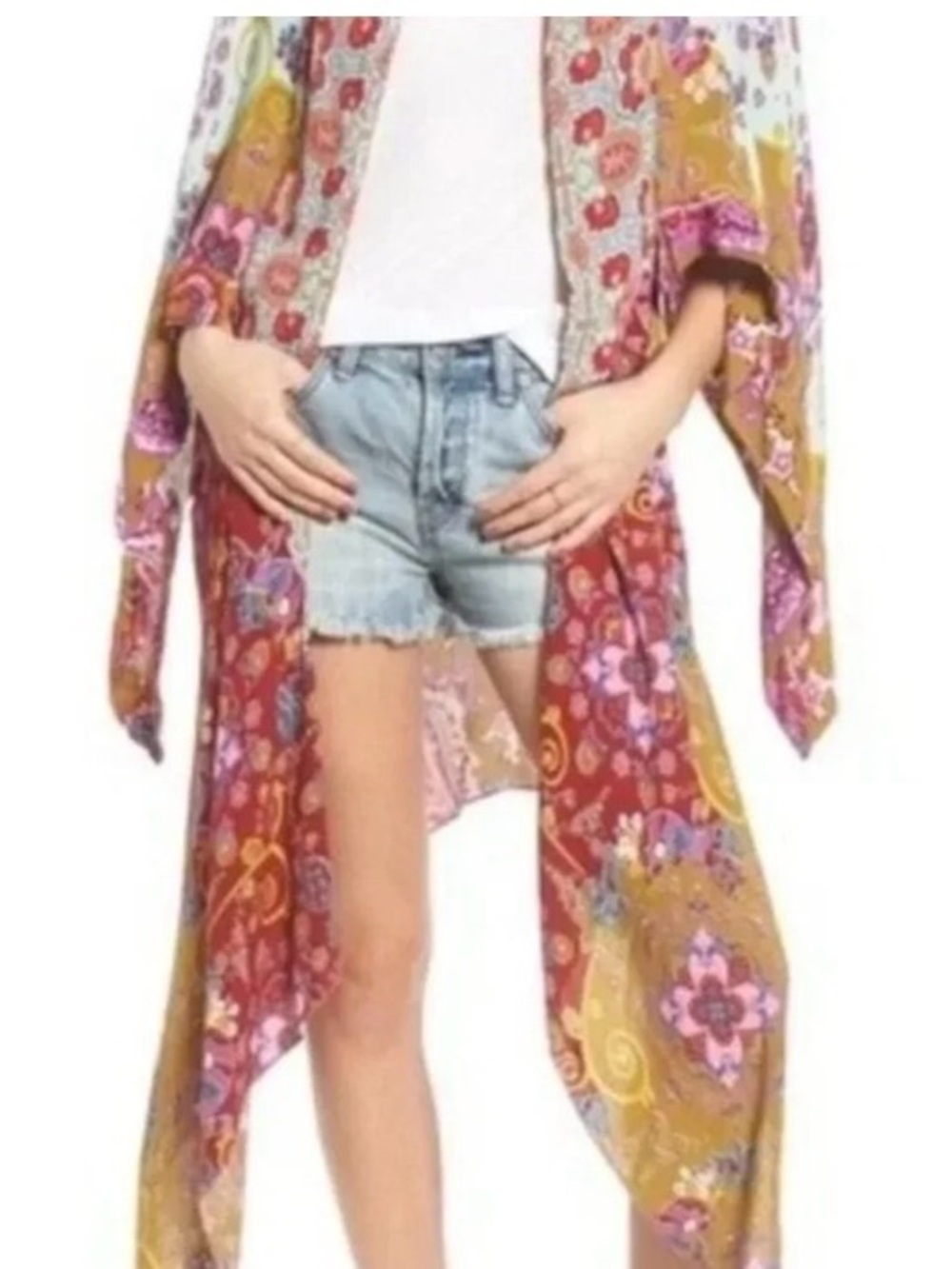 Free People Little Wing Mix Kimono Boho Paisley Floral Draped Duster One Size.